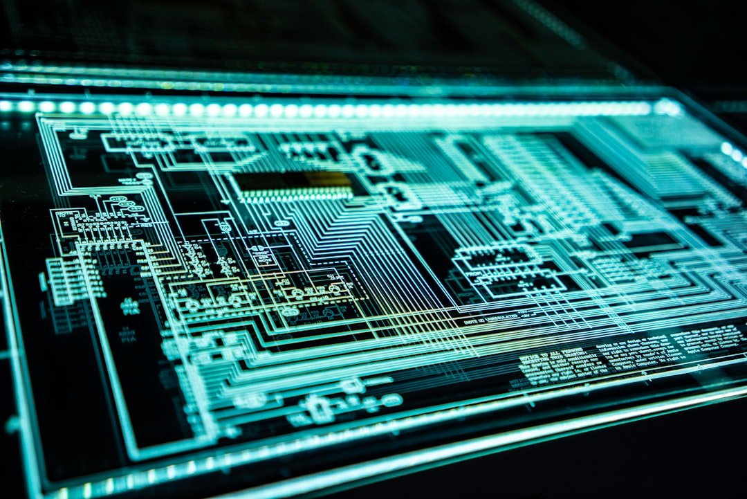 Silicon circuitry beneath teal light