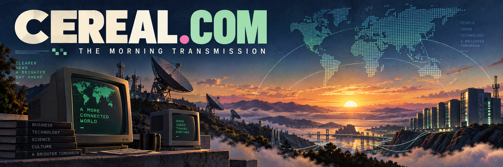 Original Cereal illustration of computing infrastructure at dawn; not a photograph of the proposed site
